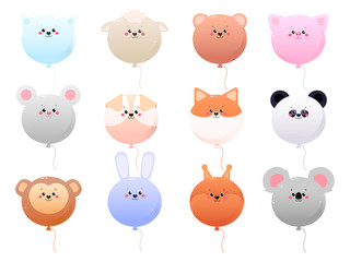 Balloon Cute Kawaii Animals isolated on a white background. Vector