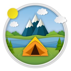 Paper cut summer landsape. Landscape with yellow tent, forest and mountains on the background. Adventures in nature, vacation, and tourism vector illustration.