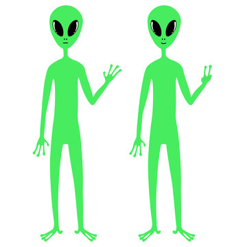 Vector illustration. A set of two cute green aliensisolated on white. A friendly greeting and a sign of peace. Hand drawn simple doodle clipart. Space and ufo theme. Ideal for poster, banner, cards.