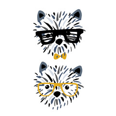 Cute dog in glasses ink drawn print. Perfect for t-shirt, apparel, cards, poster, nursery decoration. Vector Illustration