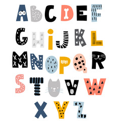 Decorative alphabet in animal style. Creative Kids font. Great for education, home decor. It Be used for funny t-shirt quotes,poster,cards and kids fashion prints. Vector Illustration © solodkayamari