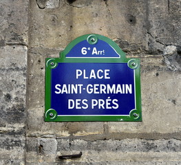 Place Saint-Germain des Pres street sign close-up. Paris, France. 