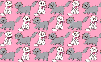 Seamless pattern of kittens. Pink background of white and gray cats.