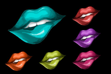 Neon lips on a black background. Icon. Color. Red, Blue, Green, Pink, Orange
