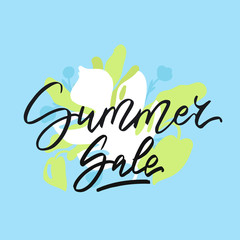 Summer sale - vector illustration with handwritten text, flowers and tropical leaves on the background.