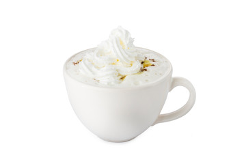 Turmeric latte, soy milk latte in white cup with whipped cream, on white background
