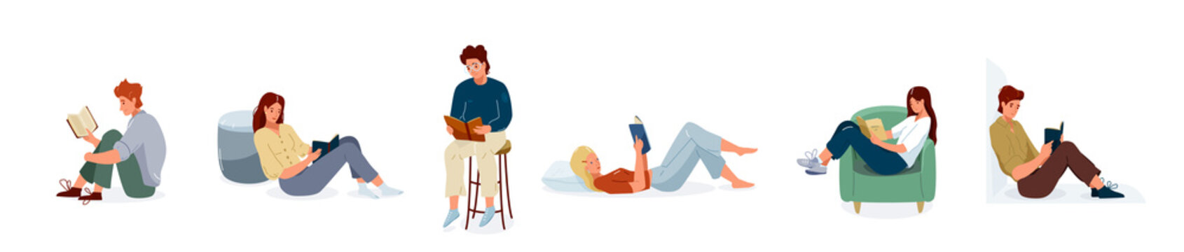 Read book vector illustration. Set of people reading books in different comfortable pose. Student girls and boys study knowledge. Collection of readers, style flat literature with person
