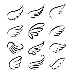 Lovely angel wings set - beautiful tattoo drawing. freehand design, ink, logo, elementáris or greeting card. Modern vector art. Symbol set.