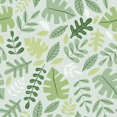 Seamless pattern with tropical jungle leaves. Beautiful summer print with hand drawn exotic plants. Swimwear, fashion, botanical design. Vector illustration.