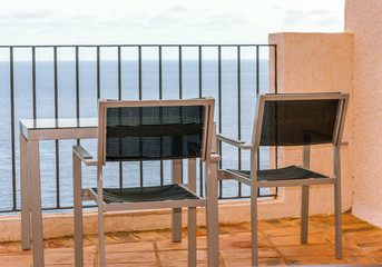 a terrace with sea views