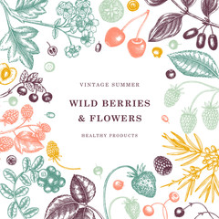 Hand-drawn berries frame in engraved style. Wild berries and flower design. Hand drawing. Vintage forest plants sketch. Summer berries outline. 