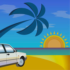 Beach car and palm. Sunset over the ocean