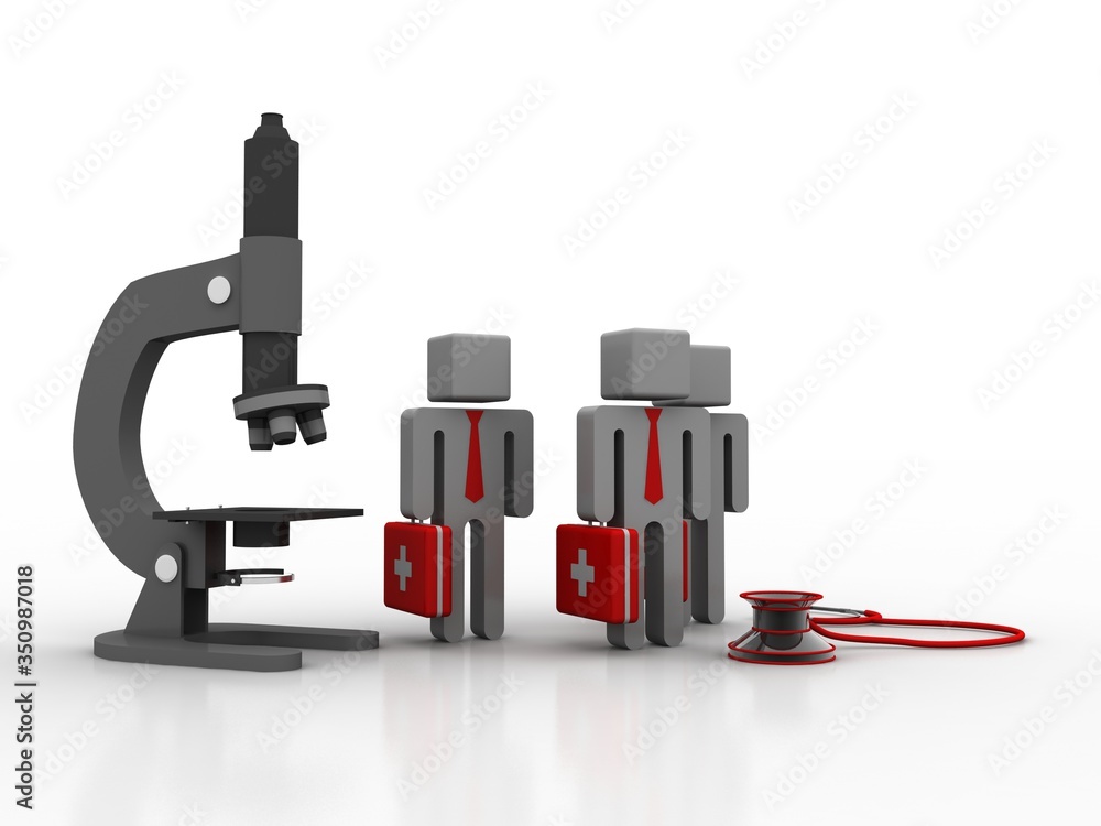 Poster 3d rendering microscope with lab technician