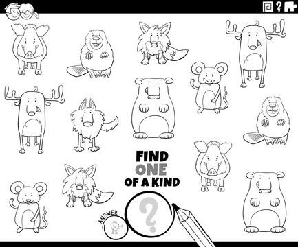 one of a kind game with animals coloring book page