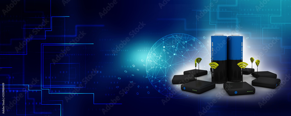Poster 3d rendering transmitter wifi with battery