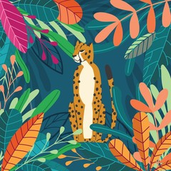 Cute exotic wild big cat cheetah sitting on dark tropical background with collection of exotic plants. Flat vector illustration © bluelela