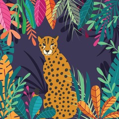 Cute exotic wild big cat cheetah sitting on dark tropical background with collection of exotic plants. Flat vector illustration © bluelela