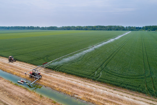 Aerial image of irrigation system in wheat field