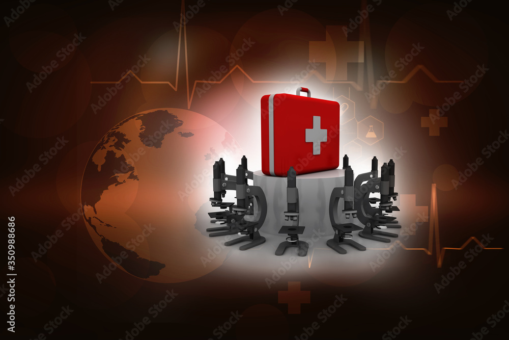 Poster 3d rendering microscope with first aid box