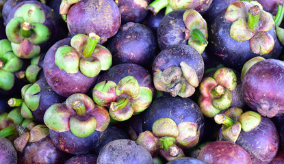Pile of mangosteen with blurred background.