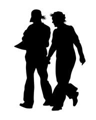 Young man and woman walking at street. Isolated silhouette on a white background
