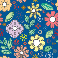 Seamless colorful pattern with hand drawn different flowers. Sketch drawing color various plants seamless vector pattern. Seamless colorful floral children’s background. Part of set.