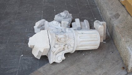 Zagreb/Croatia-April 6th,2020: Broken off capitel from old building in Zagreb after storng earthquake