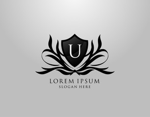 U Letter Logo. Inital U Majestic Shield design for Royalty, Fashion, Community, Boutique,  Hotel, Heraldic, Jewelry, Photography.