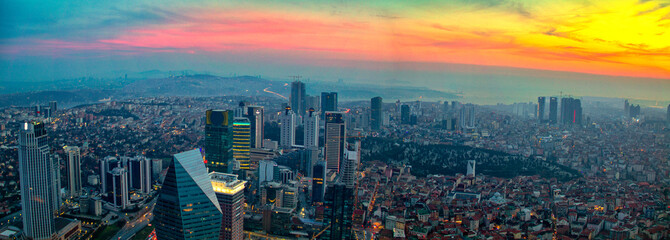 Istanbul sunset skyline aerial panoramic view from Sapphire tower, Levent Financial District,...