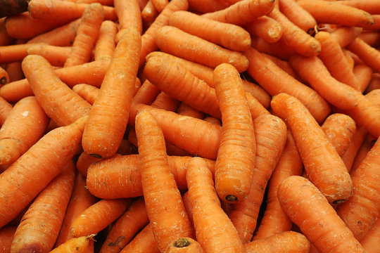 Background image of harvested washed carrots in a pile