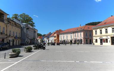Samobor/Croatia-May 7th,2020: Empty main square in small town of Samobor, during corona virus lock down, just few days before Croatia eases restrictive measures