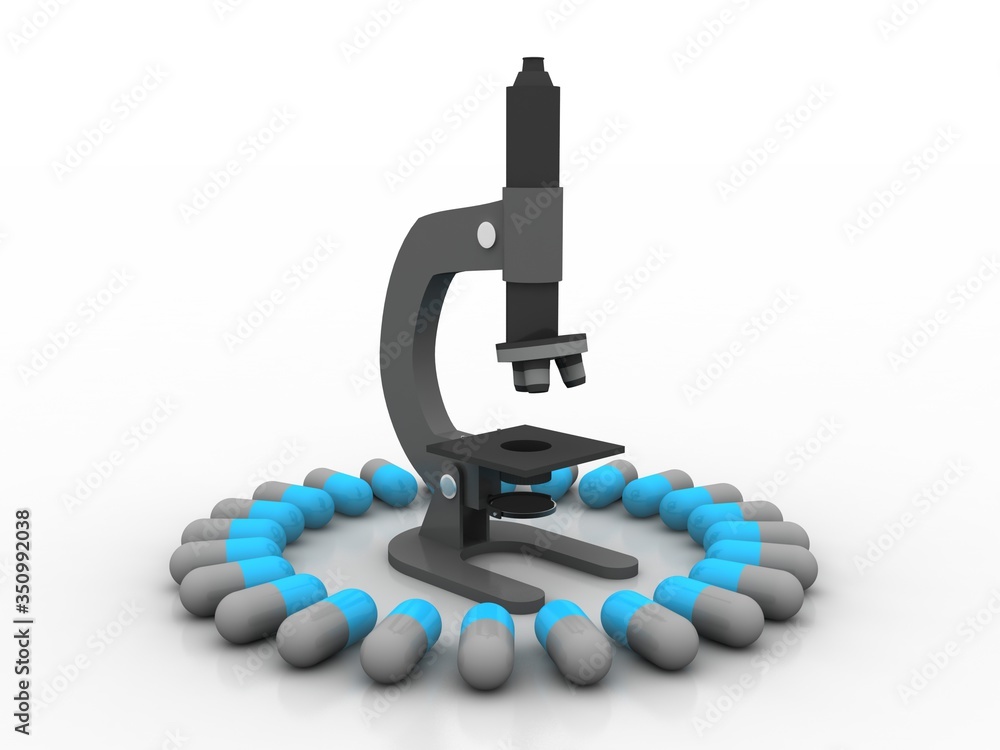 Poster 3d rendering microscope with pill