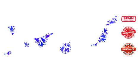 Vector handmade composition of Canary Islands map and rubber watermarks. Mosaic Canary Islands map is made of random blue hands. Rounded and awry red watermarks with grunge rubber texture.