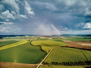 Aerial photo big rainbow after rain Ukraine
