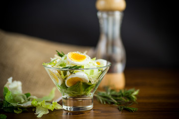 fresh spring salad with cabbage, lettuce and boiled eggs with rosemary and spices