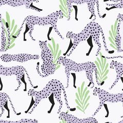Seamless pattern with hand drawn exotic big cat light purple cheetahs, with tropical leaves on white background. Colorful flat vector illustration