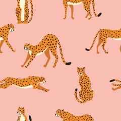 Seamless pattern with hand drawn exotic big cat cheetahs, stretching, running, sitting and walking on pink background. Colorful flat vector illustration