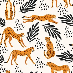 Seamless pattern with hand drawn exotic big cat cheetahs, with tropical plants and abstract elements on white background. Colorful flat vector illustration - 350993292