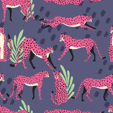 Seamless pattern with hand drawn exotic big cat pink cheetahs, with tropical plants and abstract elements on purple background. Colorful flat vector illustration