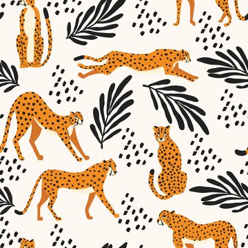 Seamless pattern with hand drawn exotic big cat cheetahs, with tropical plants and abstract elements on white background. Colorful flat vector illustration