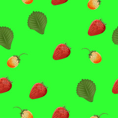 The background element. Pattern. Strawberry, green leaf, not ripe berry. Green background