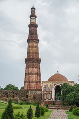 Qutub Minar with intricate carvings, stone tower, almost 700 years old world heritage site
