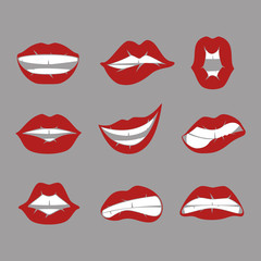 Set cut female lips. Emotional, amazing, awesome, smile, open mouth. Comics story for your product. Vector clipart illustration for branding, logo label, stickers, printing on fabric.