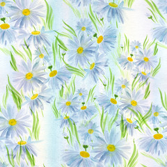 Daisies - flowers and leaves. Seamless pattern. Watercolor illustration. Decorative composition. Use printed materials, signs, objects, sites, maps.