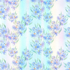 Daisies - flowers and leaves. Seamless pattern. Watercolor illustration. Decorative composition. Use printed materials, signs, objects, sites, maps.