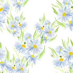 Daisies - flowers and leaves. Seamless pattern. Watercolor illustration. Decorative composition. Use printed materials, signs, objects, sites, maps.