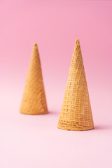 Ice cream cones summer concept with almonds, sugar