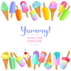 Delicious colorful ice cream hand drawn decorative border.