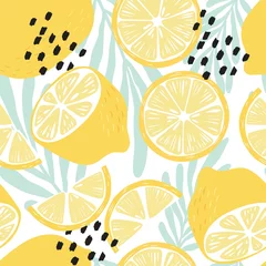 Wallpaper murals Lemons Fruit seamless pattern, lemons on white background with tropical leaves and abstract elements. Summer vibrant design. Exotic tropical fruit. Colorful vector illustration