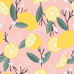 Fruit seamless pattern, lemons with branches and leaves on pink background, summer vibrant design. Exotic tropical fruit. Colorful vector illustration